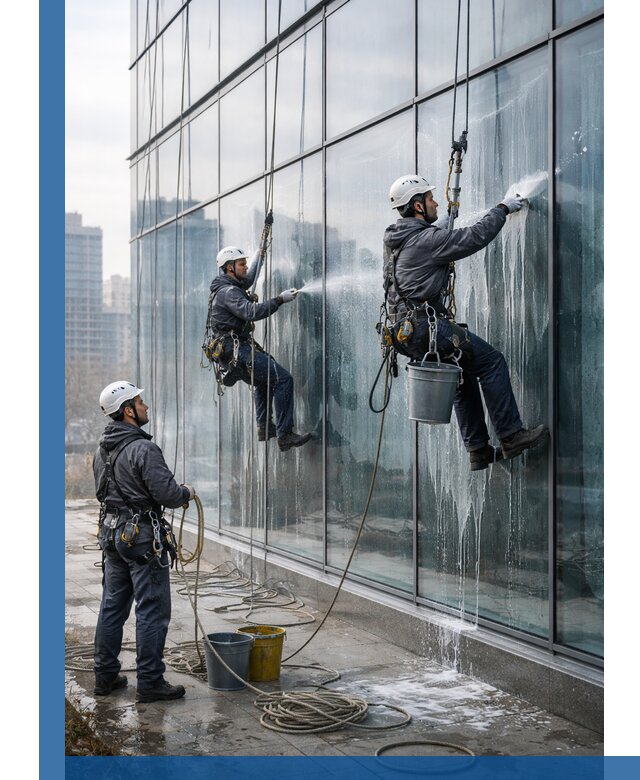 Промышленная мойка панорамных окон на высоте в Альметьевске