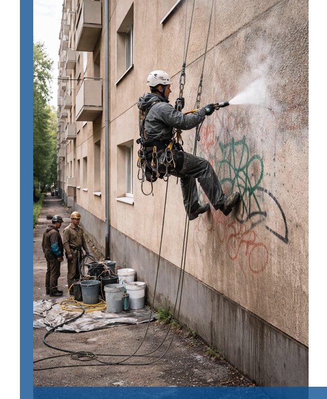 Удаление граффити с фасада в Альметьевске без следов и повреждений