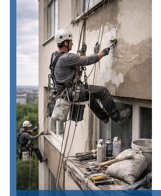 Косметический ремонт фасада зданий в Альметьевске промышленными альпинистами
