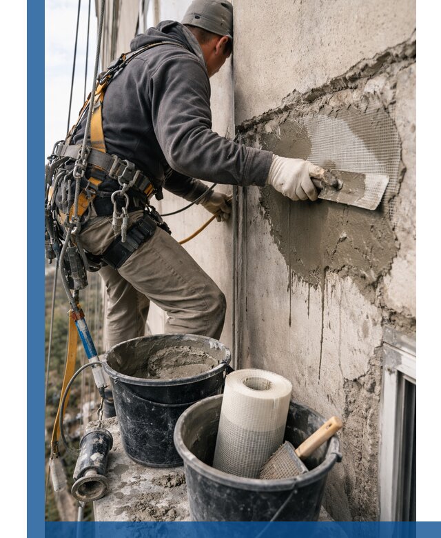 Ремонт бетонных элементов фасада промышленными альпинистами в Альметьевске