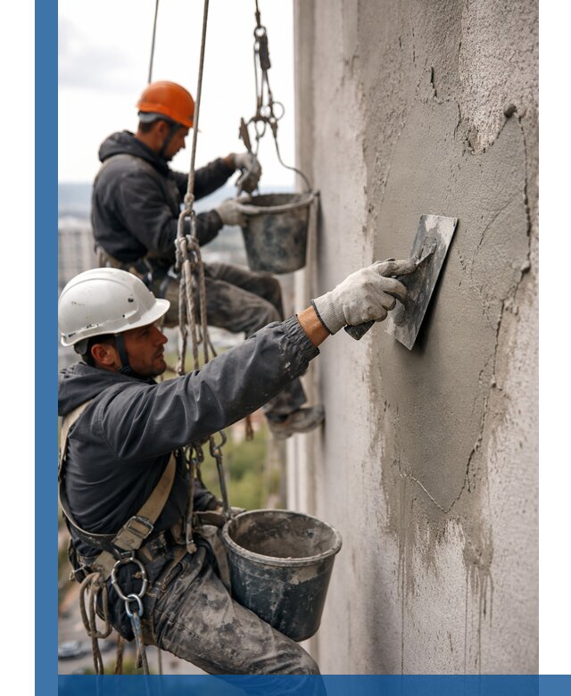 Штукатурка фасада на высоте в Альметьевске профессиональные работы