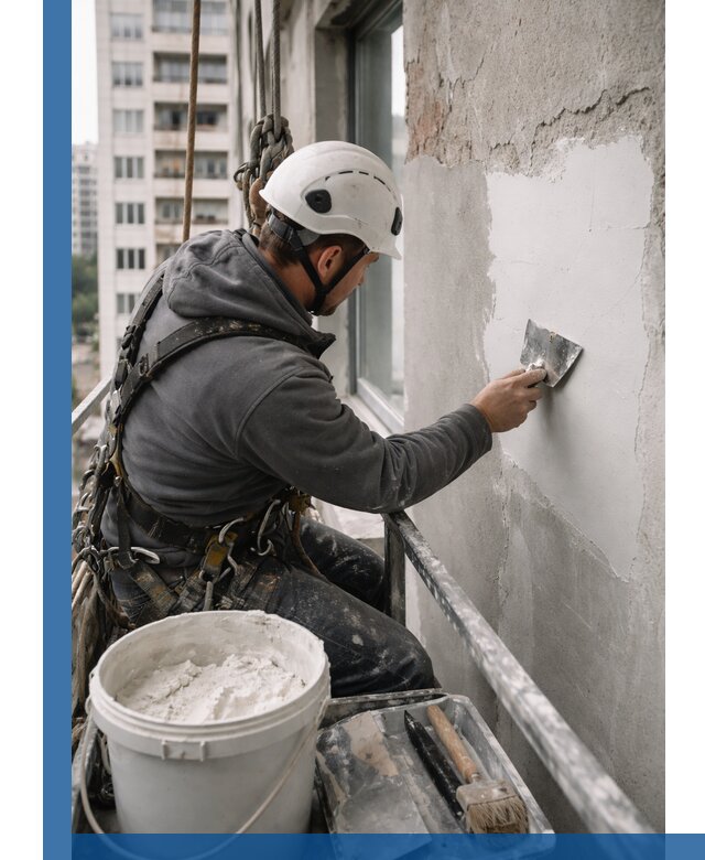 Шпаклевка фасадов на высоте с промальпинистами в Альметьевске