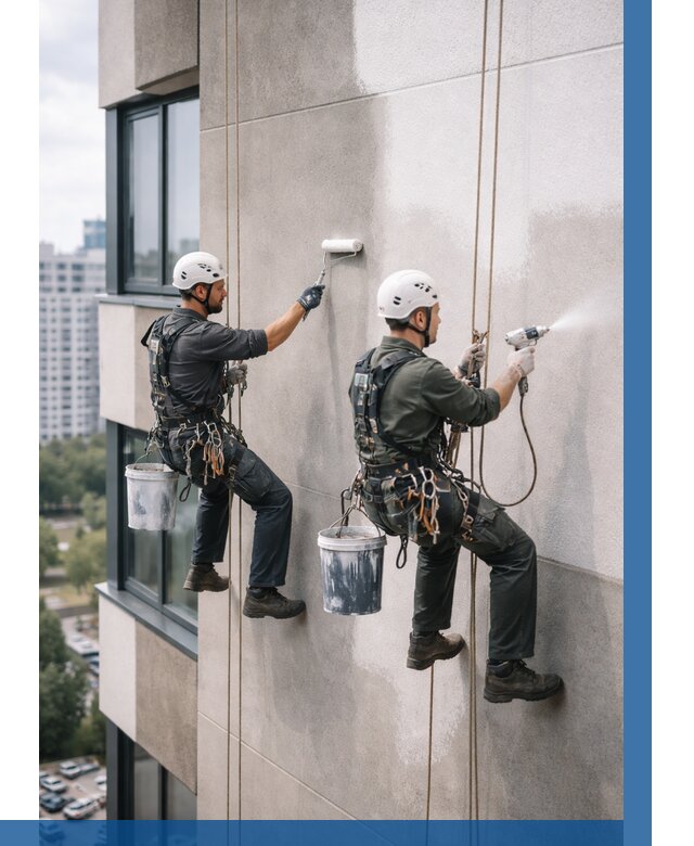 Покраска фасада альпинистами в Альметьевске от 311 р. | ВЫСОТНИК-Льм