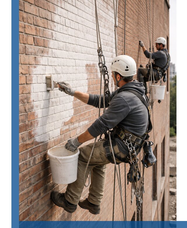 Покраска кирпичного фасада с доступным альпинистским сервисом в Альметьевске