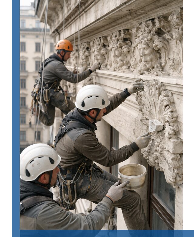 Реставрация фасадной лепнины с высотными работами в Альметьевске