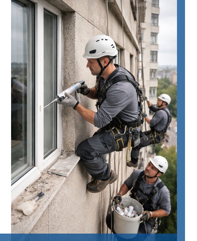 Герметизация оконных швов снаружи в Альметьевске от 1557 р. | ВЫСОТНИК-Льм