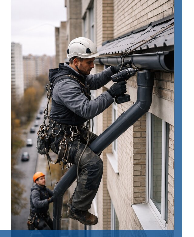 Монтаж водосточной системы на здании в Альметьевске от 5190 р. | ВЫСОТНИК-Льм