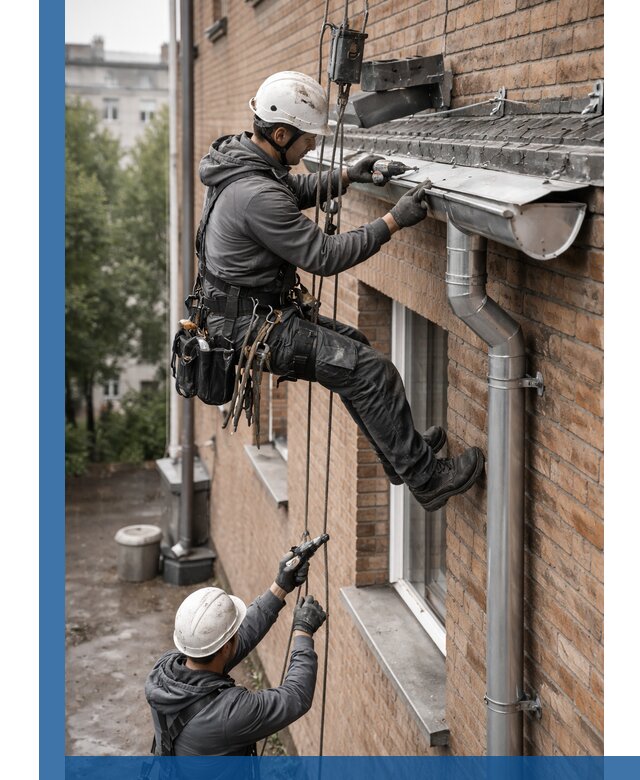 Монтаж водосточной системы на здании в Альметьевске под ключ