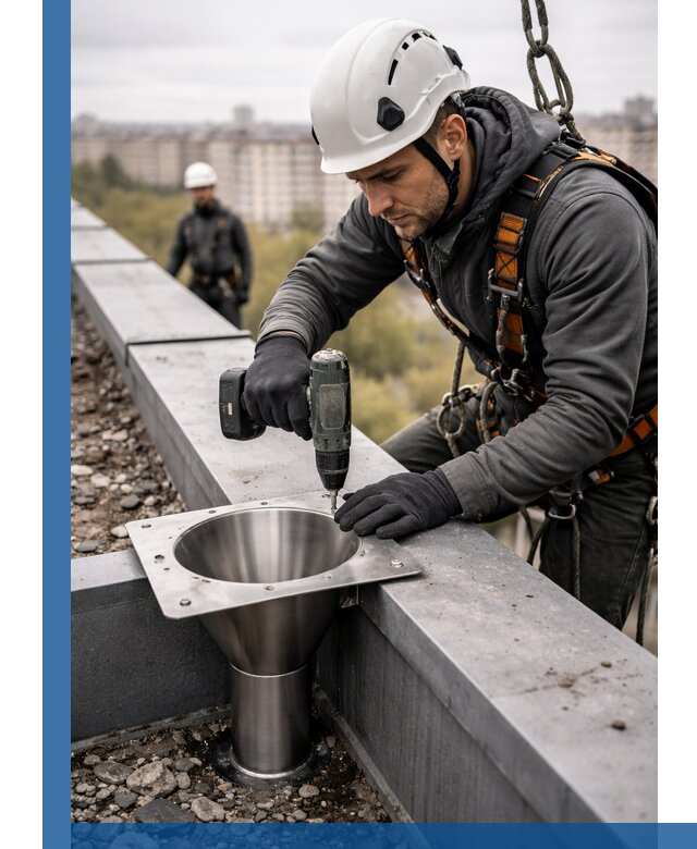 Монтаж водосточных воронок в Альметьевске для промышленных зданий