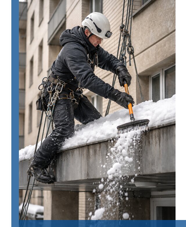 Очистка козырьков от снега в Альметьевске круглогодично безопасно