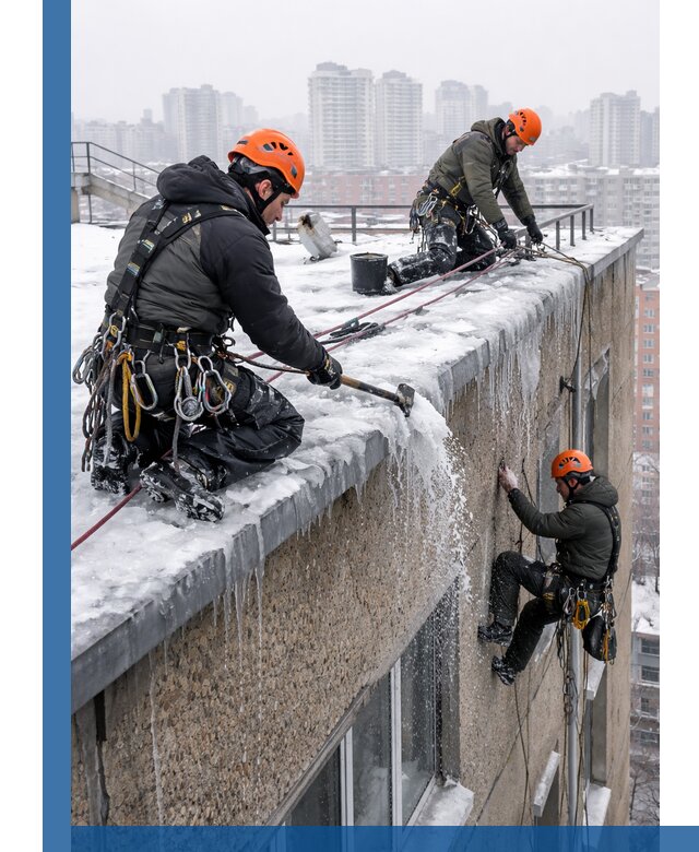 Удаление наледи с кровли в Альметьевске промышленными альпинистами