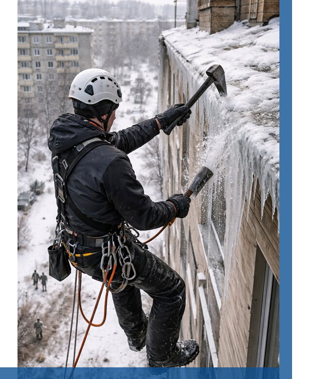 Сбивание сосулек с крыши в Альметьевске по цене от 4671 р. | ВЫСОТНИК-Льм