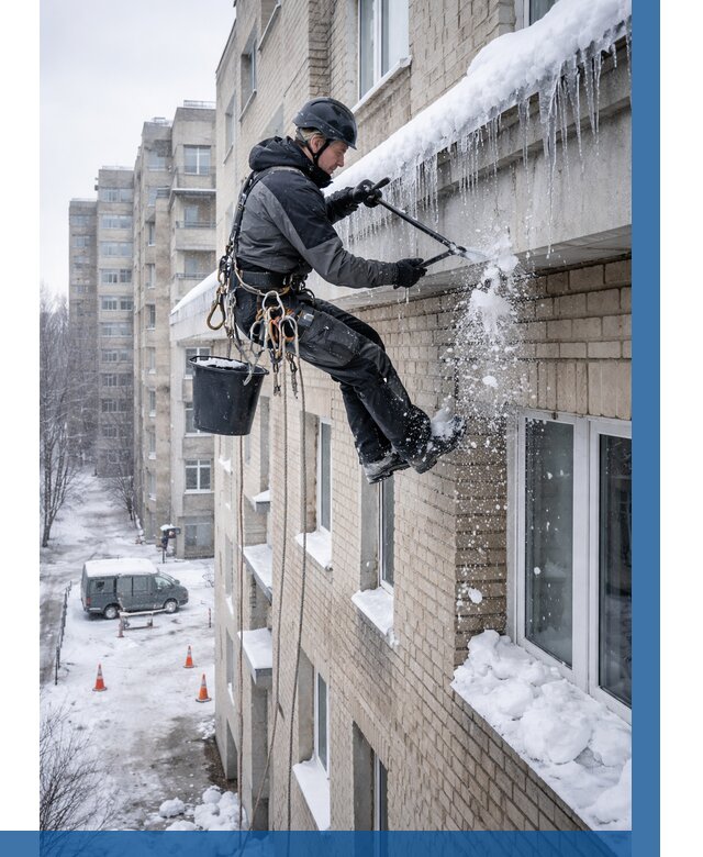 Удаление наледи с карнизов в Альметьевске от 363 р. | ВЫСОТНИК-Льм