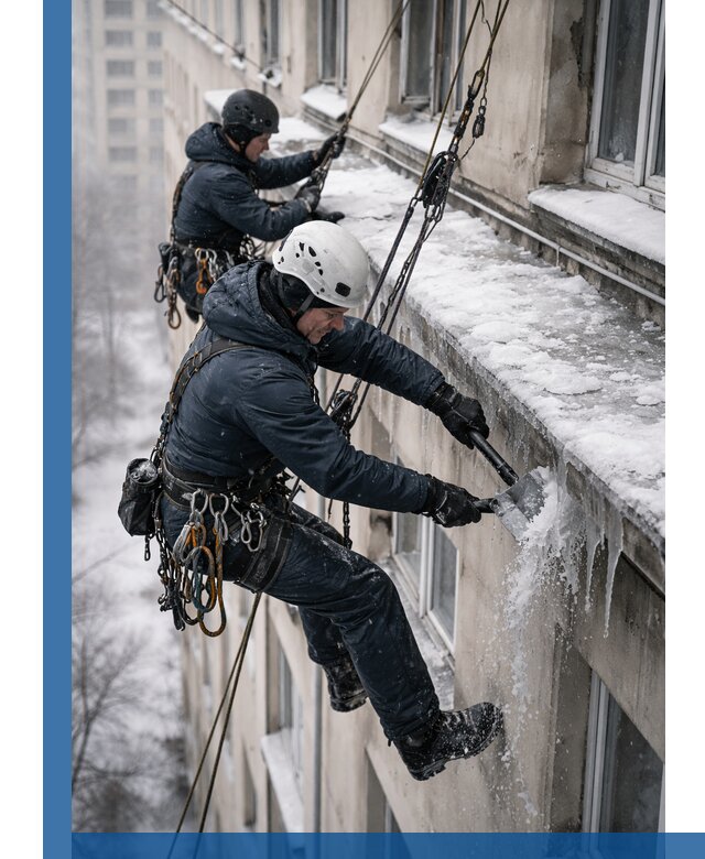 Удаление наледи и сосулек с карнизов в Альметьевске профессионально