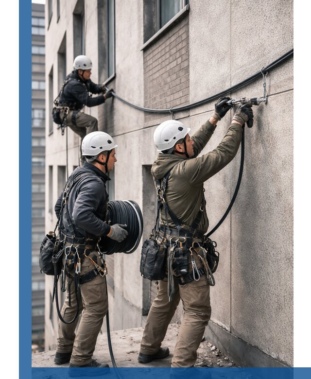 Прокладка кабеля по фасаду в Альметьевске, профессиональный монтаж