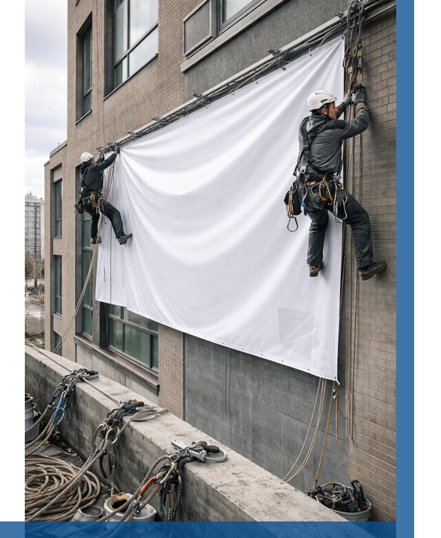 Монтаж баннеров на фасаде в Альметьевске от 675 р. заказать ВЫСОТНИК-Льм