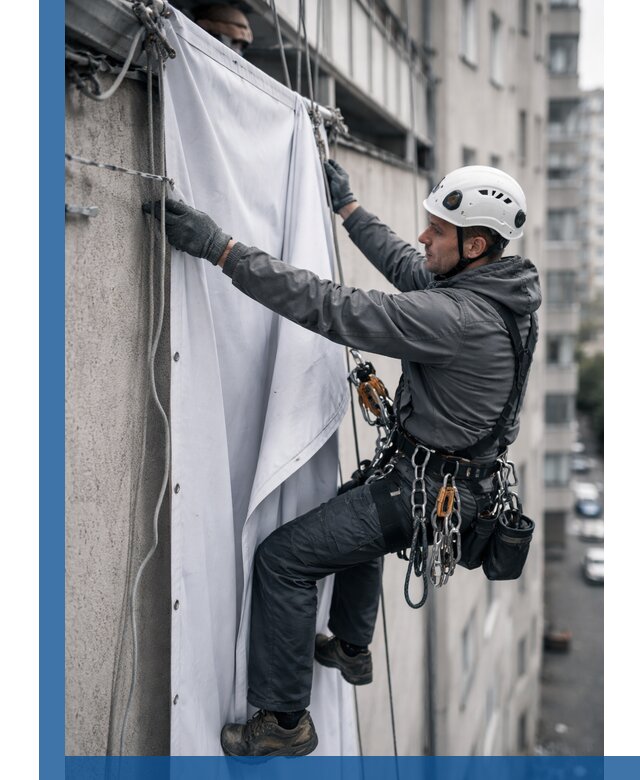 Замена баннерного полотна промышленными альпинистами в Альметьевске