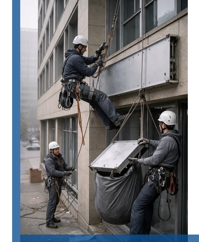 Демонтаж рекламной вывески с высотными работами в Альметьевске