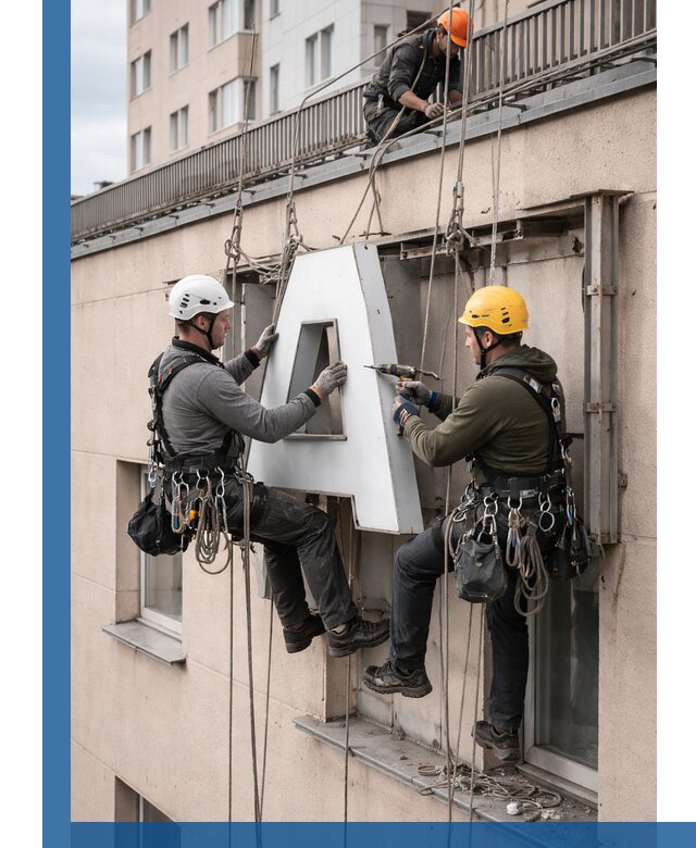 Ремонт и восстановление наружных вывесок на высоте в Альметьевске