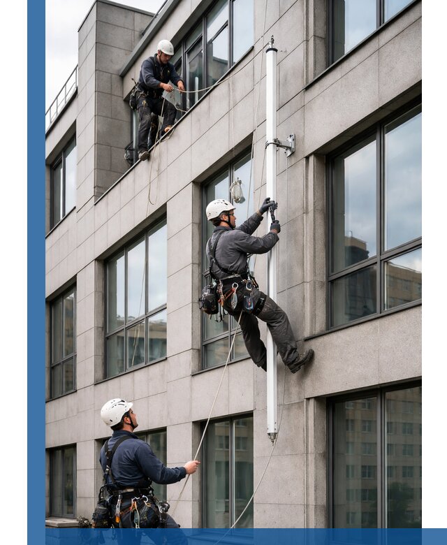 Монтаж флагштока на фасаде здания с креплением и герметикой в Альметьевске