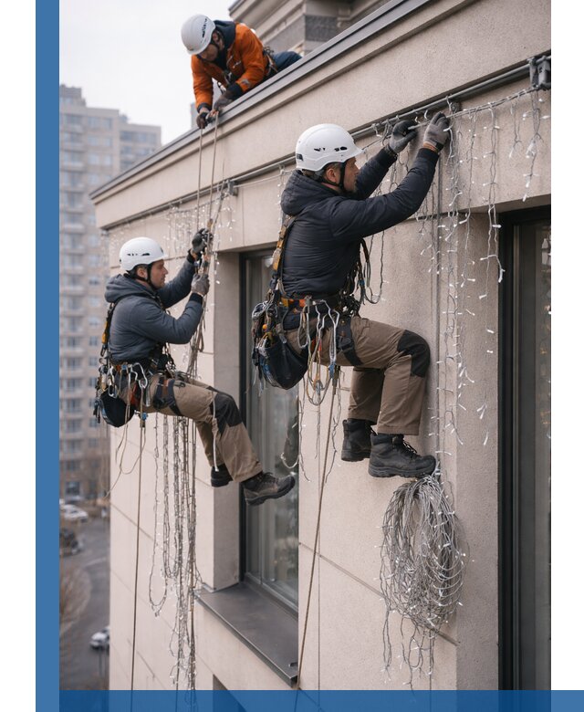 Монтаж праздничных гирлянд на фасаде в Альметьевске для зданий