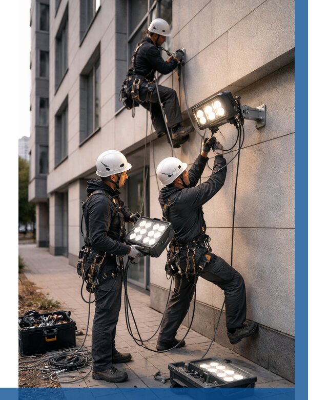 Монтаж прожекторов на фасаде в Альметьевске от 7785 р. | ВЫСОТНИК-Льм