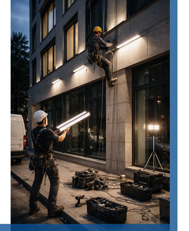 Монтаж архитектурной подсветки здания в Альметьевске от 2595 р.|ВЫСОТНИК-Льм