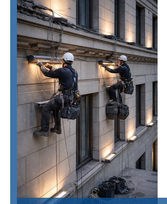 Монтаж архитектурной подсветки фасадов зданий в Альметьевске