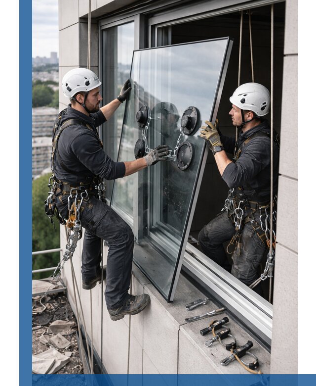 Замена стеклопакетов на высоте с промышленными альпинистами в Альметьевске