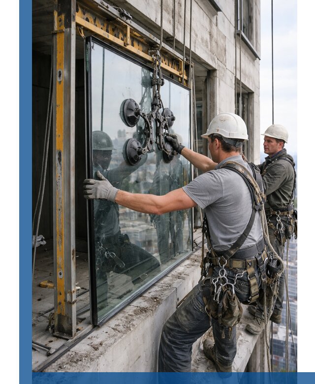 Монтаж стеклопакетов на высоте в Альметьевске с промышленным альпинизмом