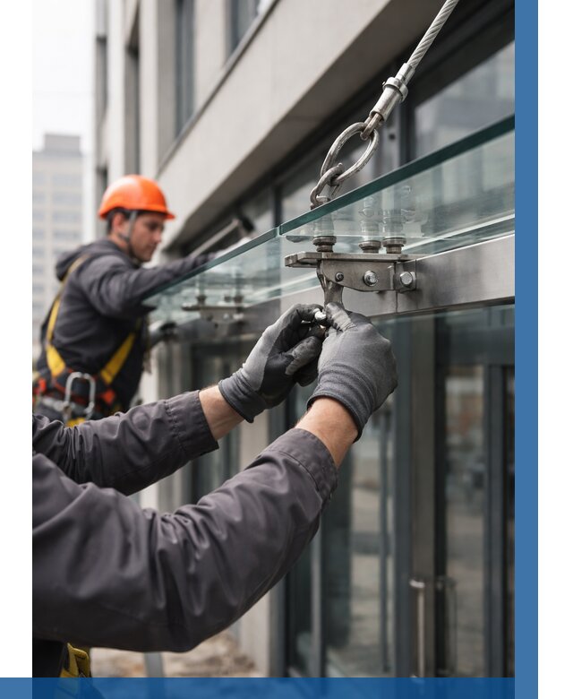 Монтаж стеклянных козырьков в Альметьевске от 8823 р. | ВЫСОТНИК-Льм