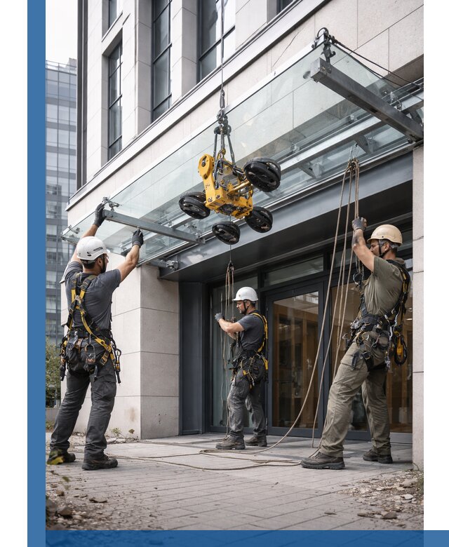 Монтаж стеклянных козырьков под ключ в Альметьевске для зданий