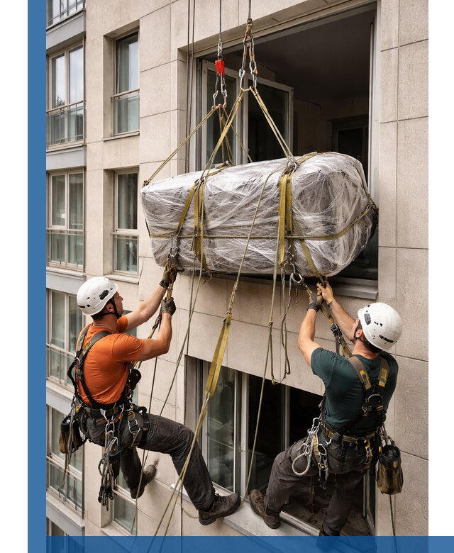 Подъем грузов через окно в Альметьевске промышленными альпинистами