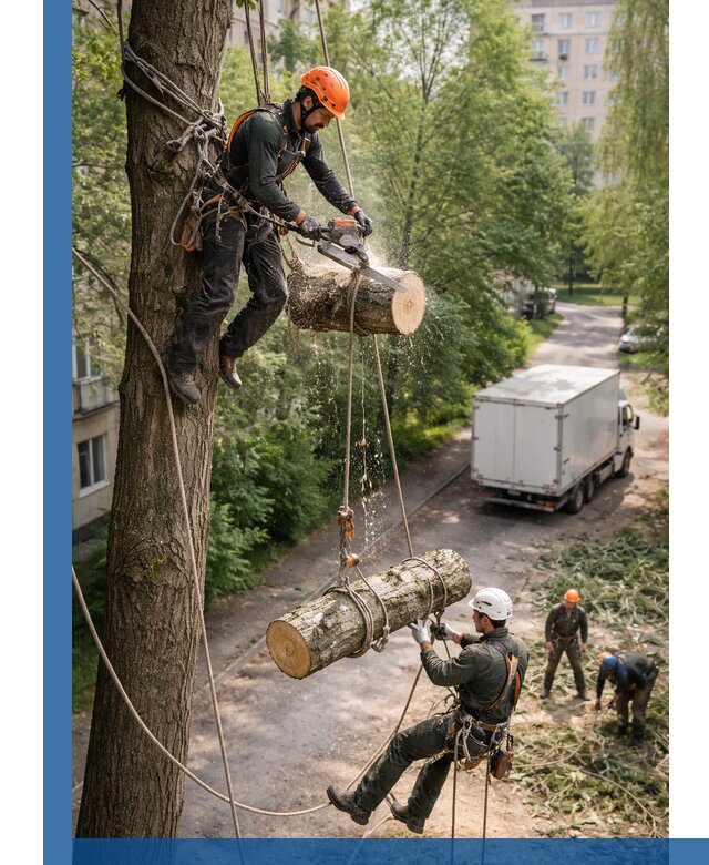 Спил деревьев альпинистами в Альметьевске, безопасно и без повреждений