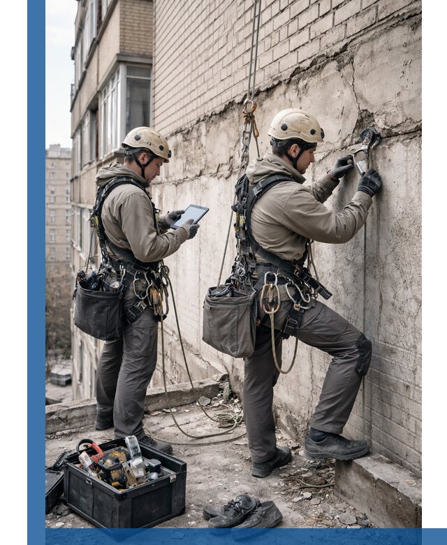 Обследование фасада промышленными альпинистами в Альметьевске